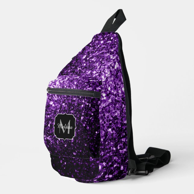 Dark purple faux glitter sparkles Monogram Sling Bag (Right Corner)