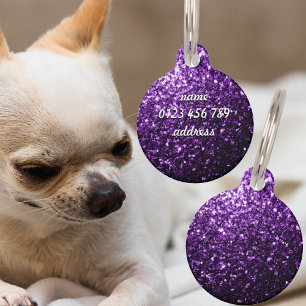 Dark Purple faux shiny glitter sparkle Personalise Pet Tag