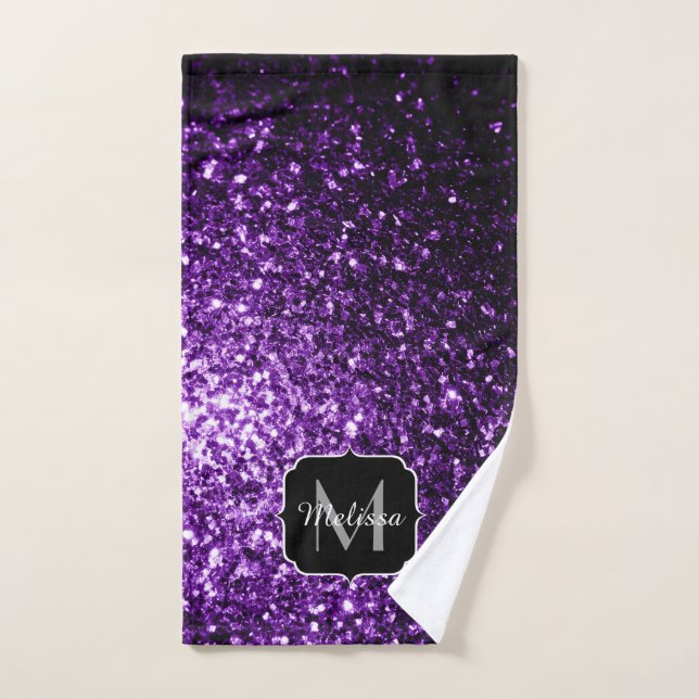 Dark Purple faux shiny glitter sparkles Monogram Bath Towel Set (Hand Towel)