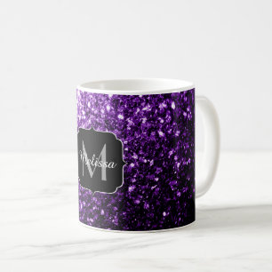 Dark Purple faux shiny glitter sparkles Monogram Coffee Mug