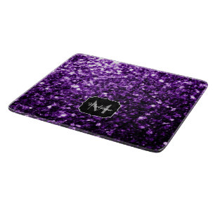 Dark Purple faux shiny glitter sparkles Monogram Cutting Board