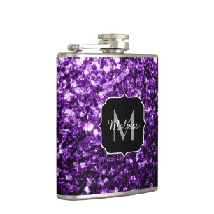Dark Purple faux shiny glitter sparkles Monogram Hip Flask
