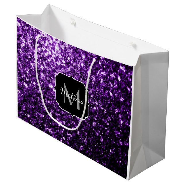 Dark Purple faux shiny glitter sparkles Monogram Large Gift Bag (Front Angled)