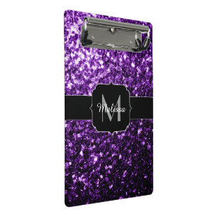 Dark Purple faux shiny glitter sparkles Monogram Mini Clipboard