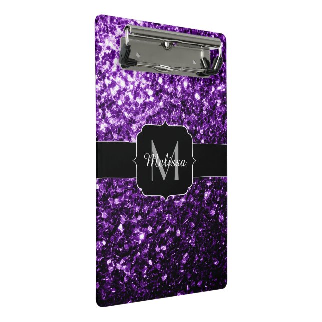 Dark Purple faux shiny glitter sparkles Monogram Mini Clipboard (Angled)