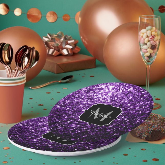 Dark Purple faux shiny glitter sparkles Monogram Paper Plate (Multi)