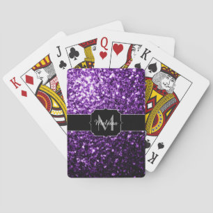 Dark Purple faux shiny glitter sparkles Monogram Playing Cards