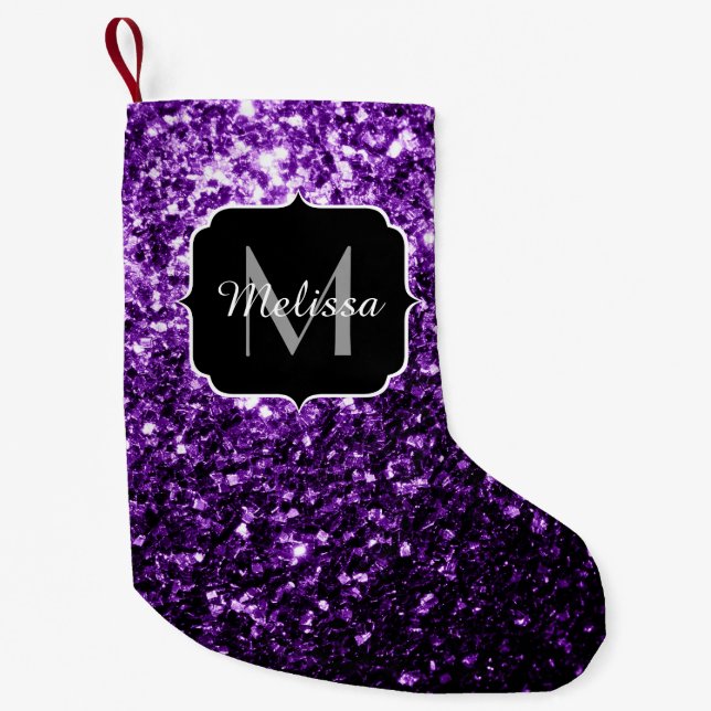 Dark Purple faux shiny glitter sparkles Monogram Small Christmas Stocking (Front)
