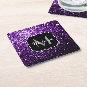 Dark Purple faux shiny glitter sparkles Monogram Square Paper Coaster