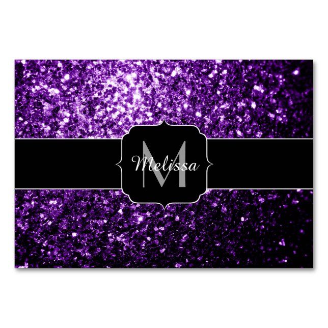Dark Purple faux shiny glitter sparkles Monogram Table Number (Front)