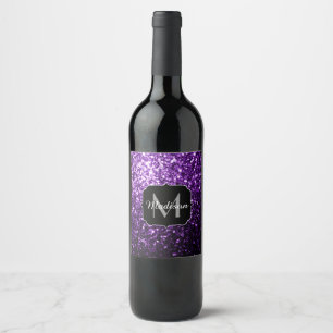 Dark Purple faux shiny glitter sparkles Monogram Wine Label