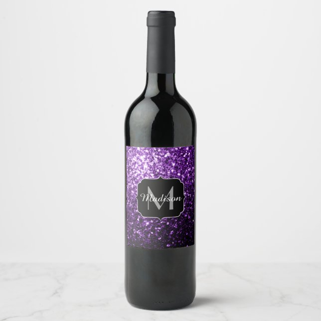 Dark Purple faux shiny glitter sparkles Monogram Wine Label (Front)