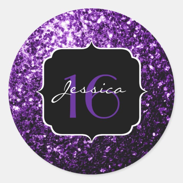 Dark Purple faux shiny glitter sparkles Sweet 16 Classic Round Sticker (Front)