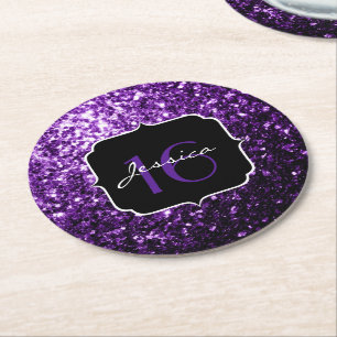 Dark Purple faux shiny glitter sparkles Sweet 16 Round Paper Coaster