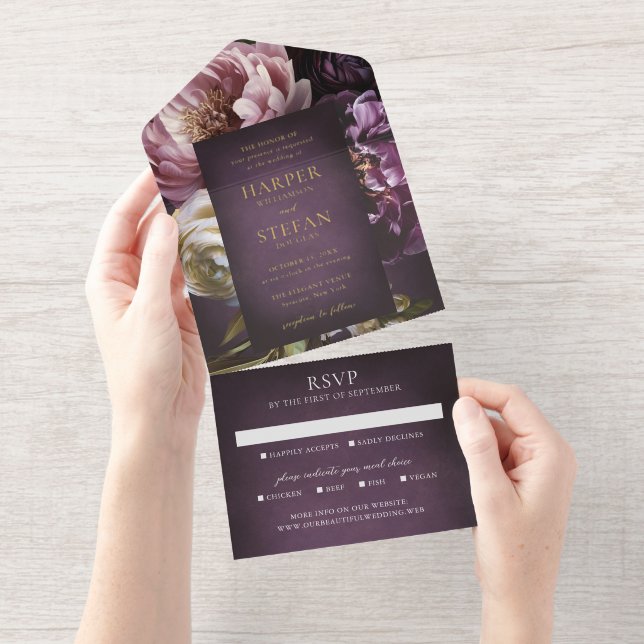 Dark Purple Fine Art Floral Elegant Wedding All In One Invitation (Tearaway)