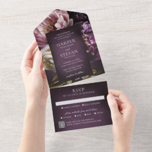 Dark Purple Fine Art Floral Elegant Wedding All In One Invitation