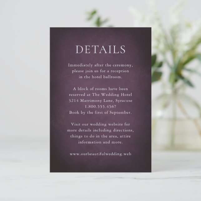 Dark Purple Fine Art Floral Elegant Wedding Enclosure Card (Standing Front)