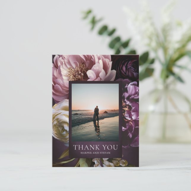 Dark Purple Fine Art Floral Elegant Wedding Thank You Card (Standing Front)