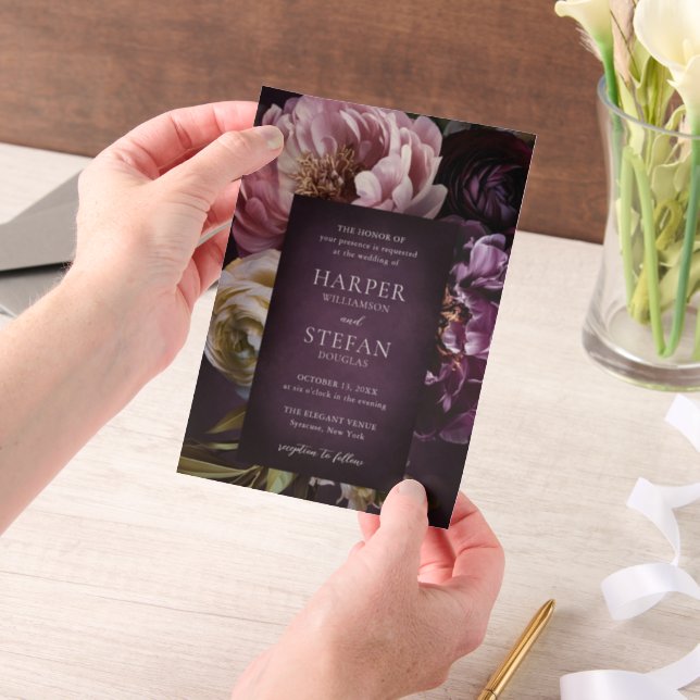 Dark Purple Fine Art Floral Elegant Wedding Vellum Invitations (Handheld)