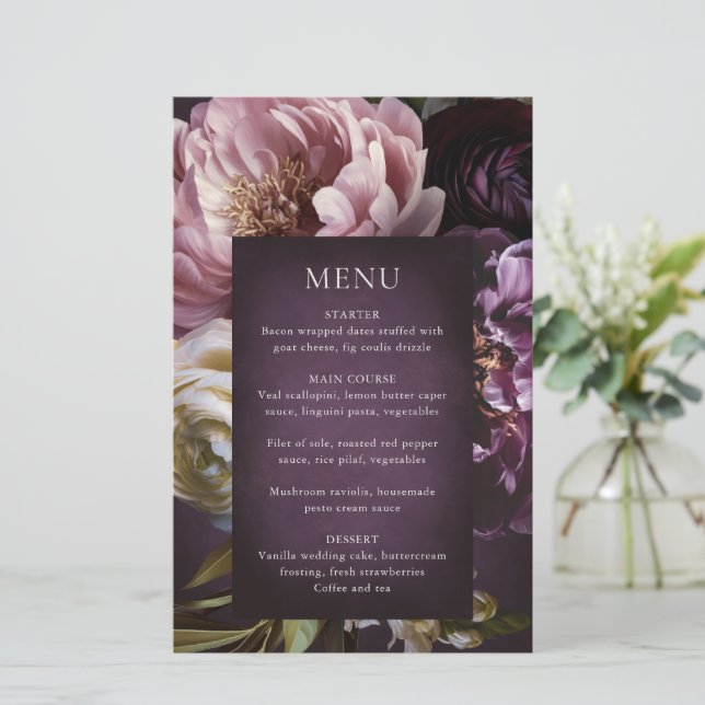 Dark Purple Fine Art Floral Wedding Menu (Standing Front)