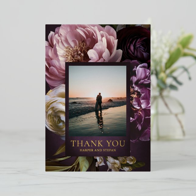 Dark Purple Fine Art Floral Wedding Thank You (Standing Front)