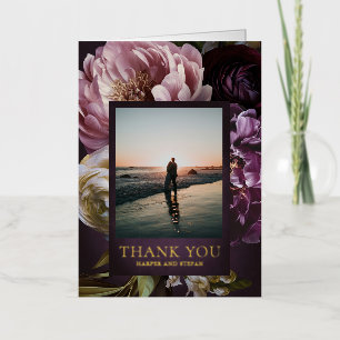 Dark Purple Fine Art Floral Wedding Thank You Foil Greeting Card