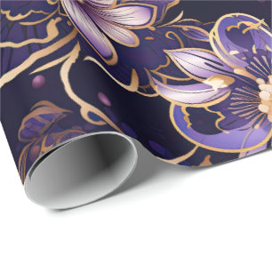 Dark Purple Floral and Faux Gold Wrapping Paper