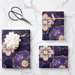 Dark Purple Floral and Faux Gold Wrapping Paper Sheet