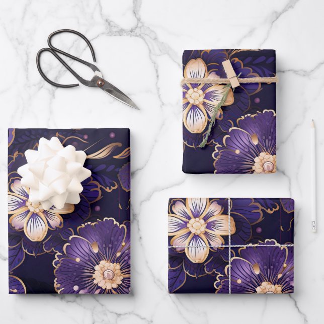 Dark Purple Floral and Faux Gold Wrapping Paper Sheet (Front)