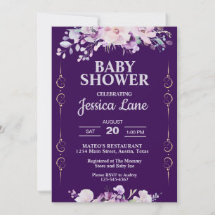 Dark Purple Floral Baby Shower Invitation