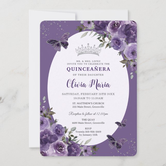 Dark Purple Floral Butterflies Silver Quinceañera Invitation (Front)