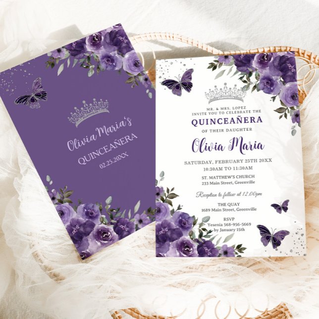 Dark Purple Floral Butterflies Silver Quinceañera Invitation (Creator Uploaded)
