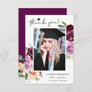 Dark Purple Floral Class of 2024 Graduation Photo Thank You Card