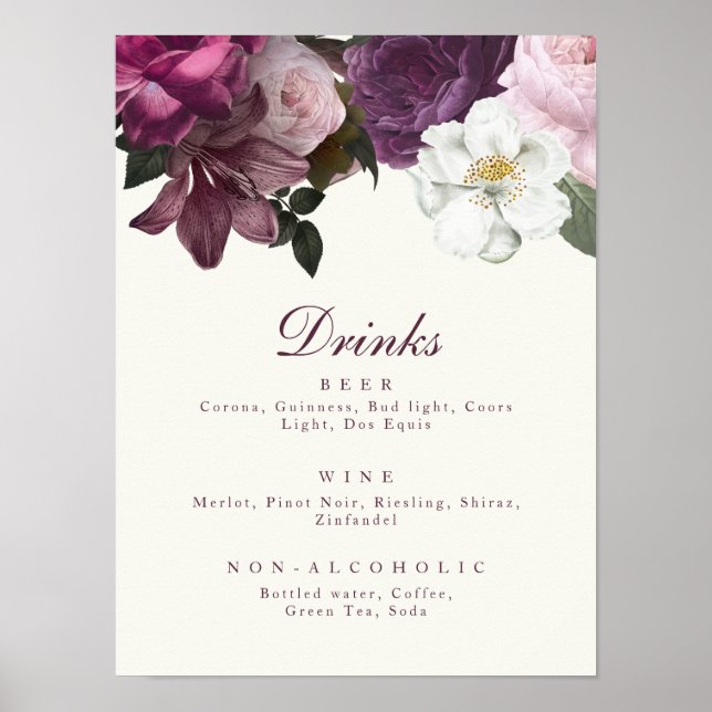 Dark Purple Floral Drink Menu Poster (Front)