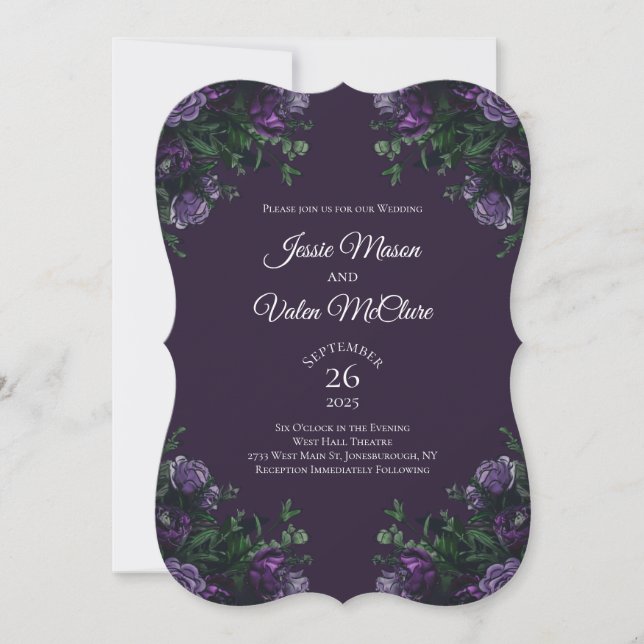 Dark Purple Floral Elegant Wedding Gothic Invitation (Front)