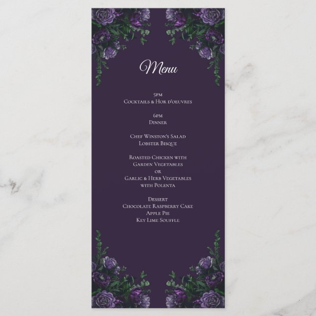 Dark Purple Floral Elegant Wedding Gothic Menu (Front)