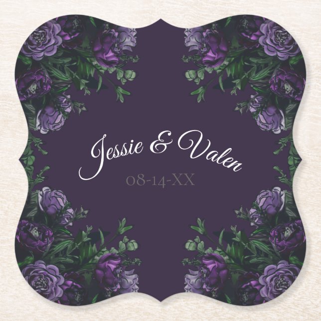 Dark Purple Floral Elegant Wedding Gothic Paper Coaster (Front)