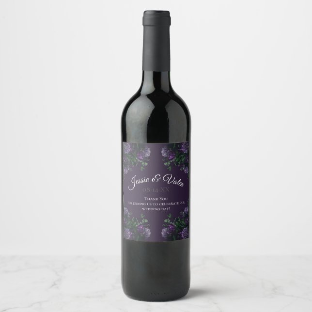Dark Purple Floral Elegant Wedding Gothic Wine Label (Front)
