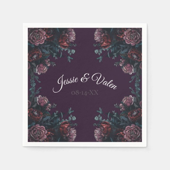 Dark Purple Floral Elegant Wedding Maroon Mauve Napkin (Front)