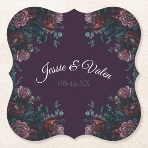 Dark Purple Floral Elegant Wedding Maroon Mauve Paper Coaster
