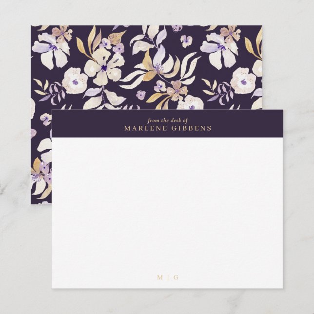 Dark purple floral gold monogram note card (Front/Back)