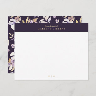 Dark purple floral gold monogram note card