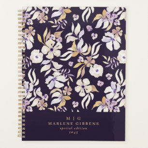 Dark purple floral gold monogram planner