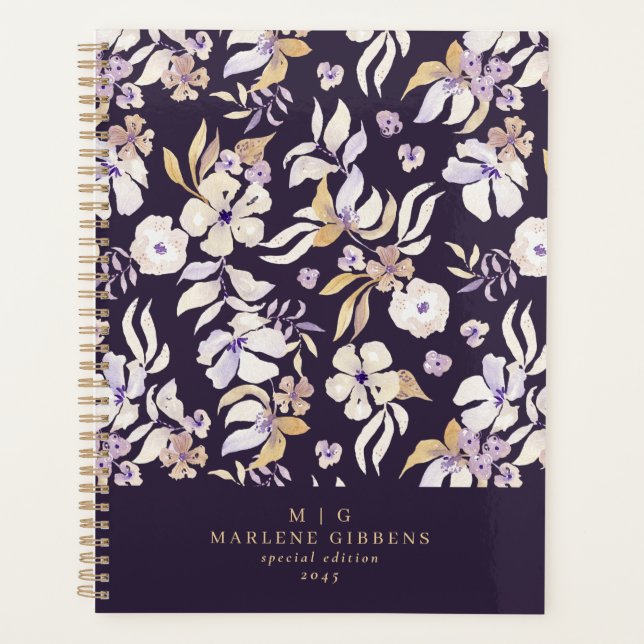 Dark purple floral gold monogram  planner (Front)