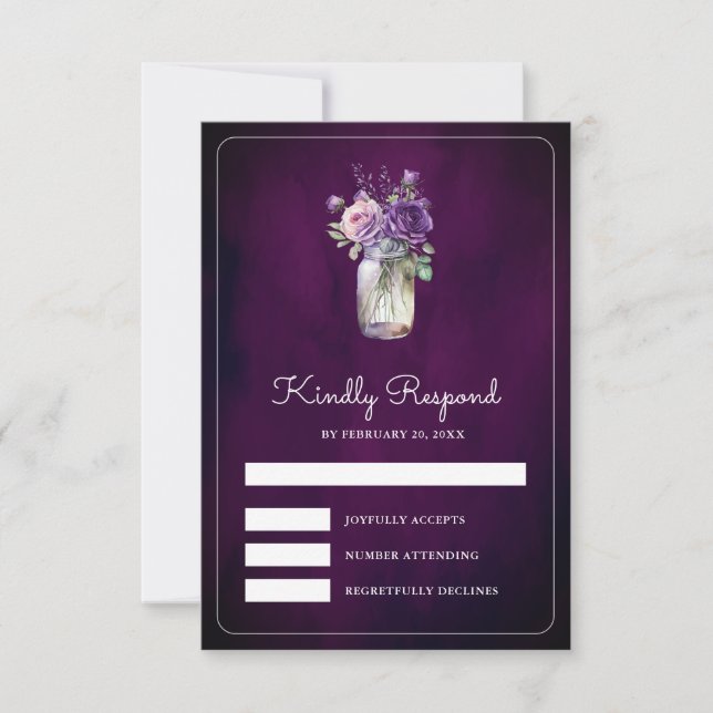 Dark Purple Floral Mason Jar Moody Wedding RSVP Card (Front)