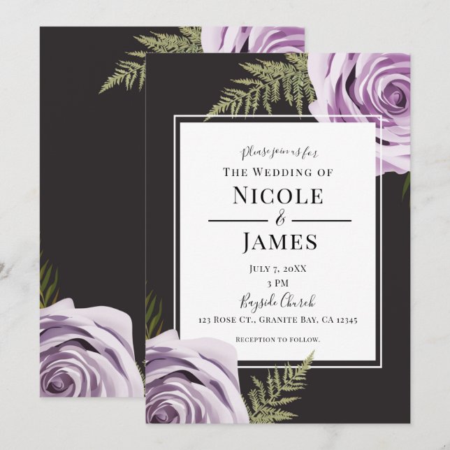 Dark Purple Floral Roses Shabby Chic Wedding Invitation (Front/Back)
