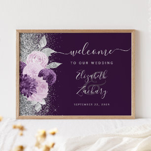Dark Purple Floral Silver Wedding Welcome Poster