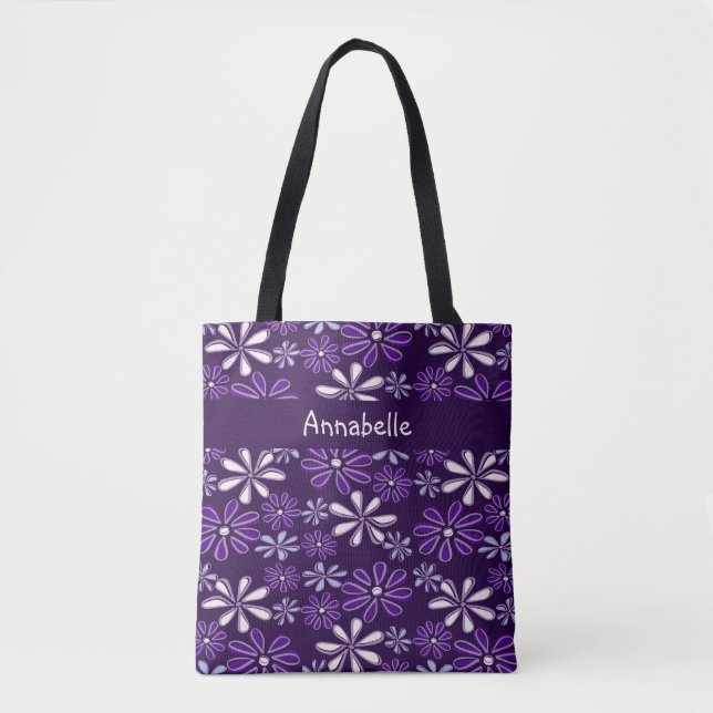 Dark Purple Flower Doodle Your Name Tote Bag (Front)