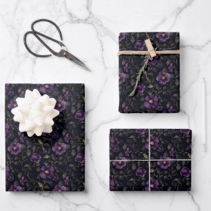 Dark Purple Flowers on Black Wrapping Paper Sheet