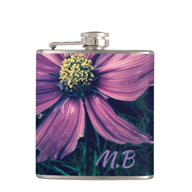 Dark Purple Flowers Photo Art Monogram Hip Flask (Front)
